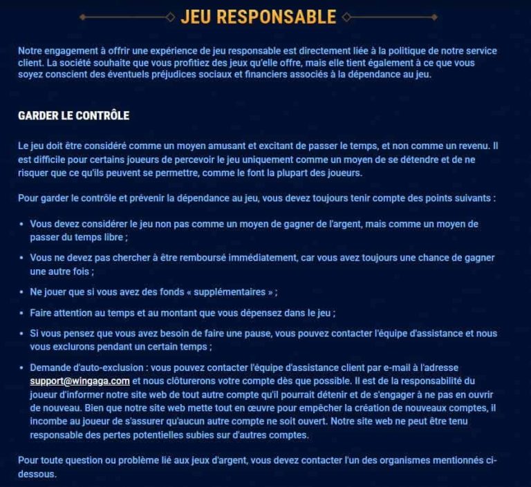 Wingaga Casino jeu responsable